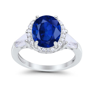 Oval Wedding Engagement Ring Baguette Round Simulated Blue Sapphire CZ 925 Sterling Silver